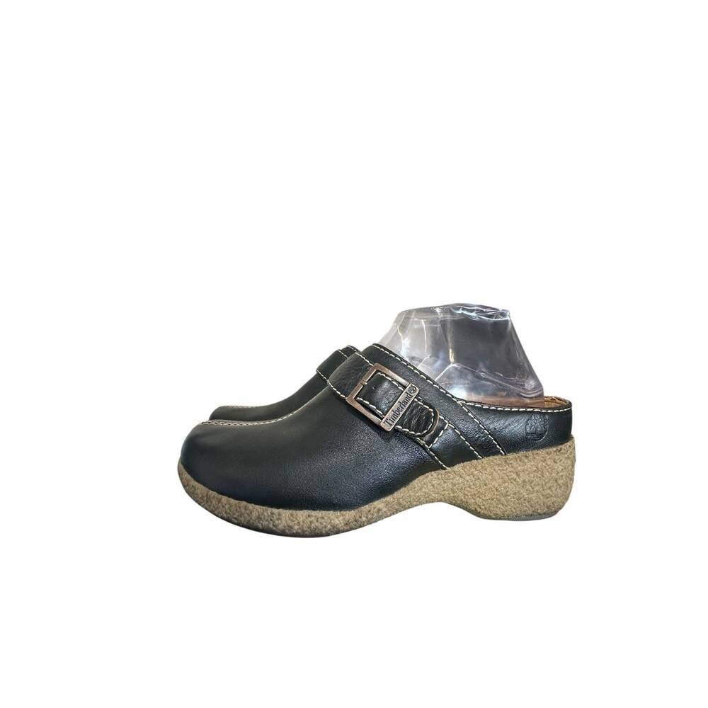 Timberland Womens Buckle Boho Black Leather Comfort Wedge Slip-On Size 7 M